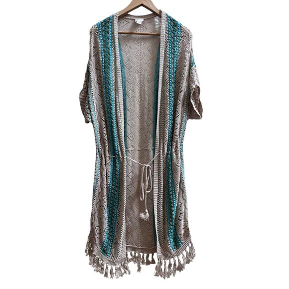 Chico’s Linen Open Crochet Fringe Hem Waist Tie Longline Cardigan Large Boho - Picture 3 of 10